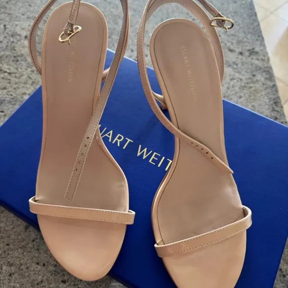 STUART WEITZMAN DANCER 95 SANDALS HEELS NUDE PATENT LEATHER SHOES 9.5