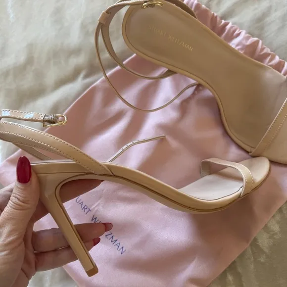 STUART WEITZMAN DANCER 95 SANDALS HEELS NUDE PATENT LEATHER SHOES 9.5