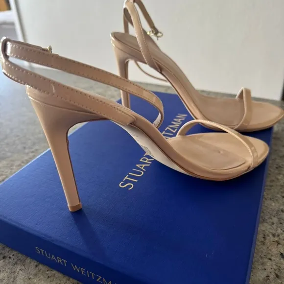 STUART WEITZMAN DANCER 95 SANDALS HEELS NUDE PATENT LEATHER SHOES 9.5