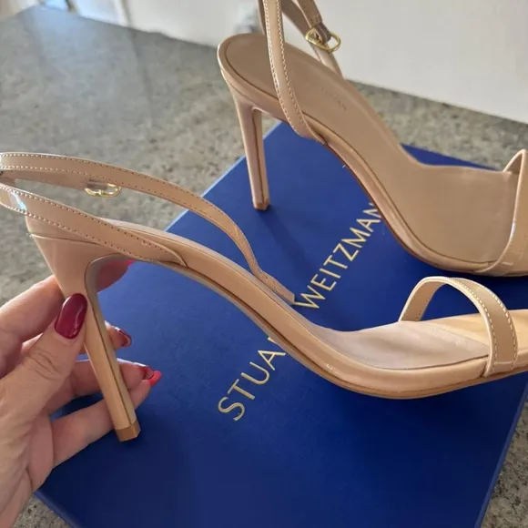 STUART WEITZMAN DANCER 95 SANDALS HEELS NUDE PATENT LEATHER SHOES 9.5