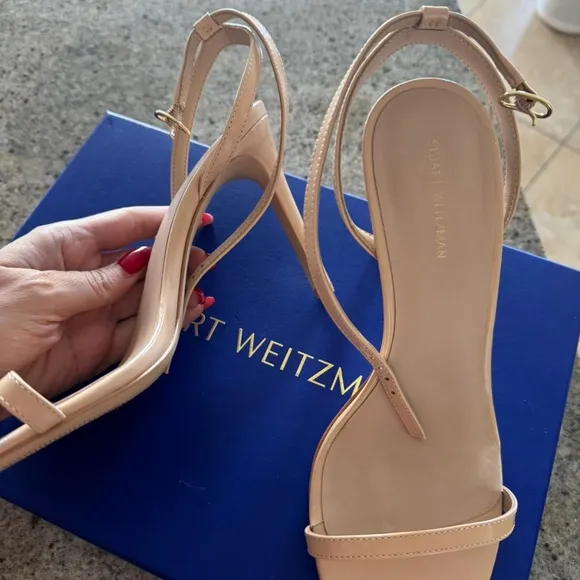 STUART WEITZMAN DANCER 95 SANDALS HEELS NUDE PATENT LEATHER SHOES 9.5