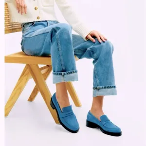 Stuart Weitzman Palmer Leather Pony Hair Loafers Atlantic Blue Like New