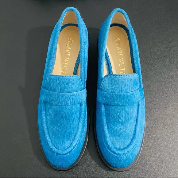 Stuart Weitzman Palmer Leather Pony Hair Loafers Atlantic Blue Like New