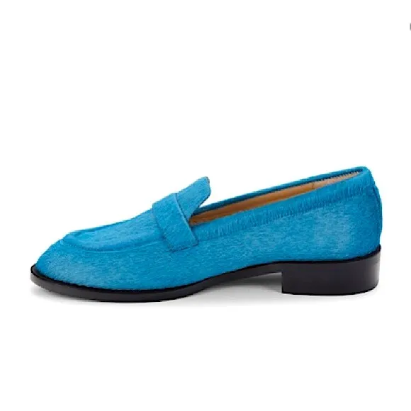 Stuart Weitzman Palmer Leather Pony Hair Loafers Atlantic Blue Like New