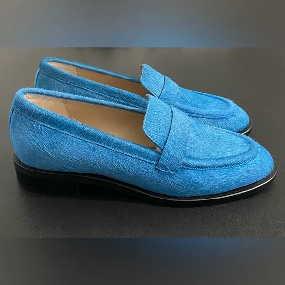 Stuart Weitzman Palmer Leather Pony Hair Loafers Atlantic Blue Like New