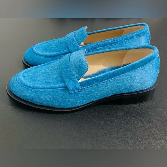 Stuart Weitzman Palmer Leather Pony Hair Loafers Atlantic Blue Like New