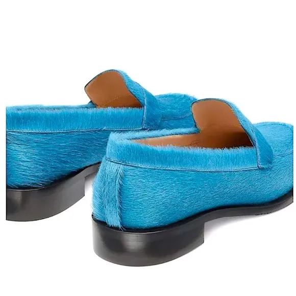 Stuart Weitzman Palmer Leather Pony Hair Loafers Atlantic Blue Like New