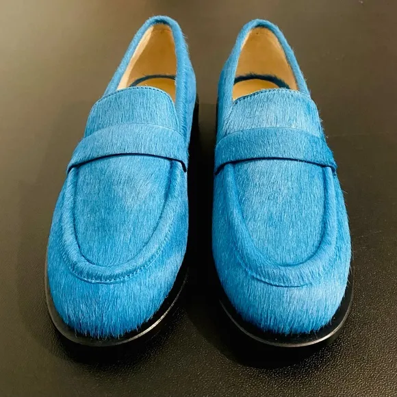 Stuart Weitzman Palmer Leather Pony Hair Loafers Atlantic Blue Like New