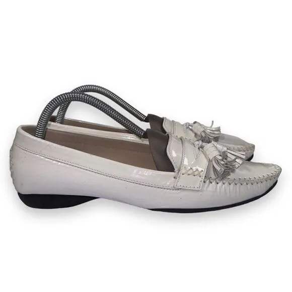 Stuart Weitzman Patient Leather Tassel Loafers White Women's 9.5M
