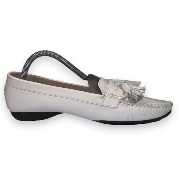 Stuart Weitzman Patient Leather Tassel Loafers White Women's 9.5M