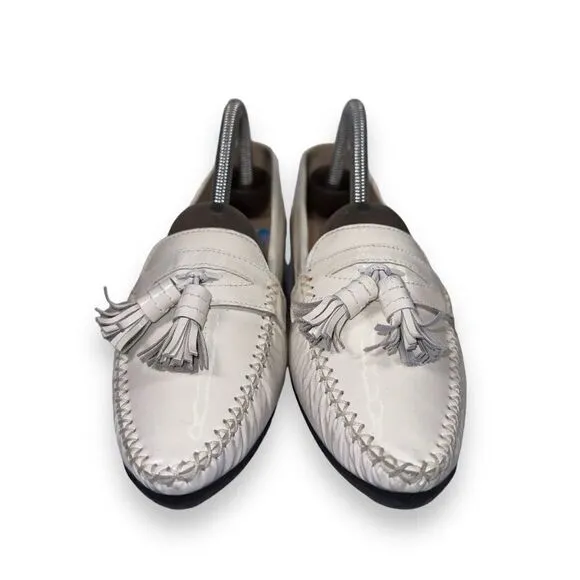 Stuart Weitzman Patient Leather Tassel Loafers White Women's 9.5M