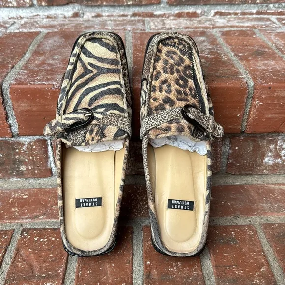 Stuart Weitzman Women's Animal Print Mohair Mules Loafers Size 7.5