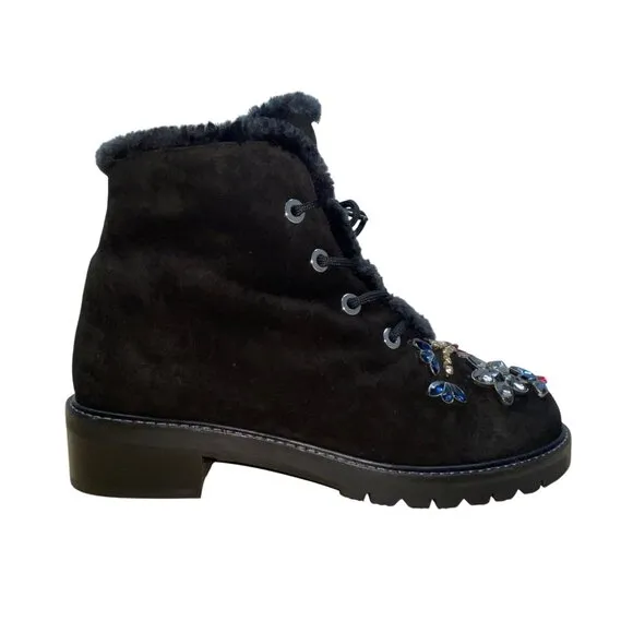 Stuart Weitzman Women’s Black Suede &amp; Shearling Embellished Ankle Boots Sz 10.5M