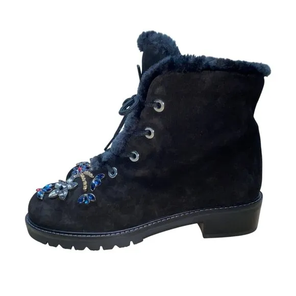Stuart Weitzman Women’s Black Suede &amp; Shearling Embellished Ankle Boots Sz 10.5M