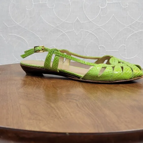 Stuart Weitzman Womens Sandals 7.5 Green Snakeskin Leather Peep Toe Slingback