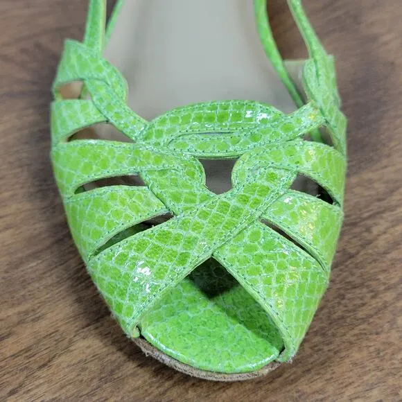 Stuart Weitzman Womens Sandals 7.5 Green Snakeskin Leather Peep Toe Slingback