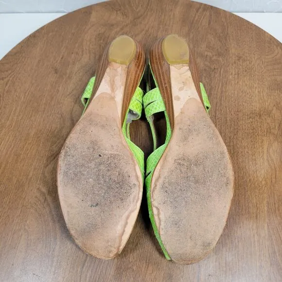 Stuart Weitzman Womens Sandals 7.5 Green Snakeskin Leather Peep Toe Slingback