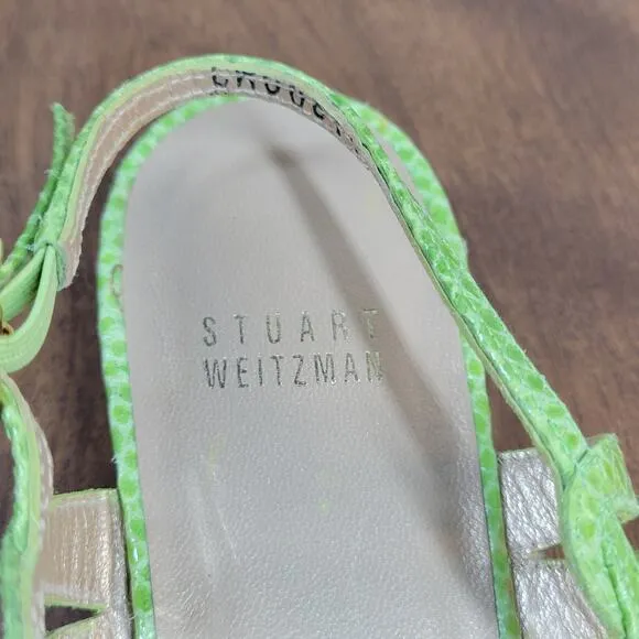 Stuart Weitzman Womens Sandals 7.5 Green Snakeskin Leather Peep Toe Slingback