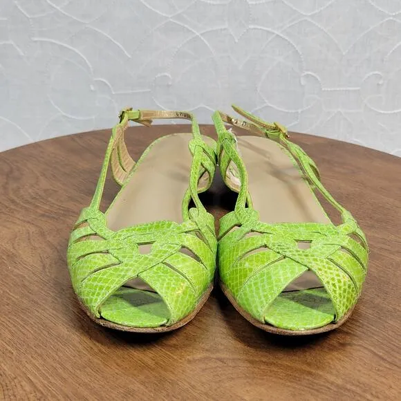 Stuart Weitzman Womens Sandals 7.5 Green Snakeskin Leather Peep Toe Slingback