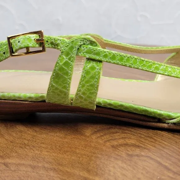 Stuart Weitzman Womens Sandals 7.5 Green Snakeskin Leather Peep Toe Slingback