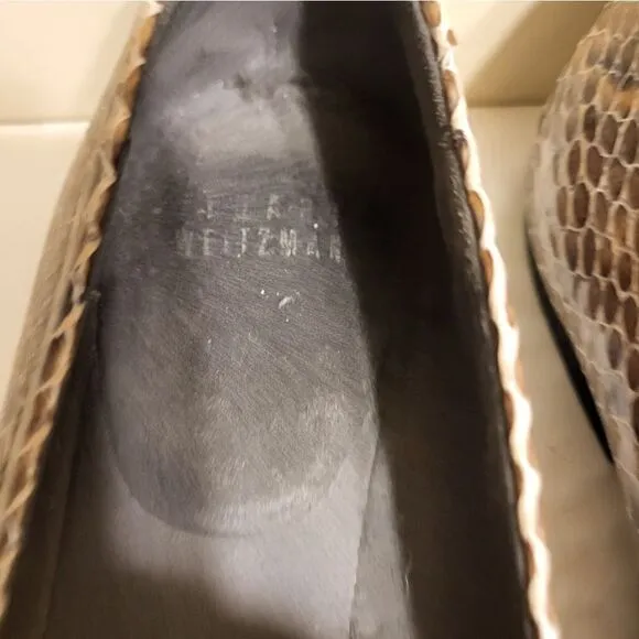 Stuart Weitzman Brown Snakeskin Embossed Patent Leather Bow Flats sz.8  Ret $275