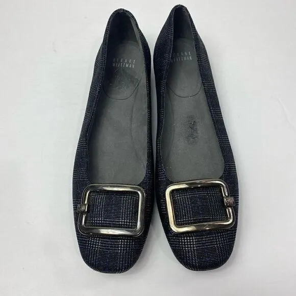 Stuart Weitzman plaid square toe buckle flats