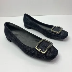 Stuart Weitzman plaid square toe buckle flats