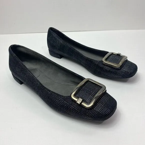 Stuart Weitzman plaid square toe buckle flats