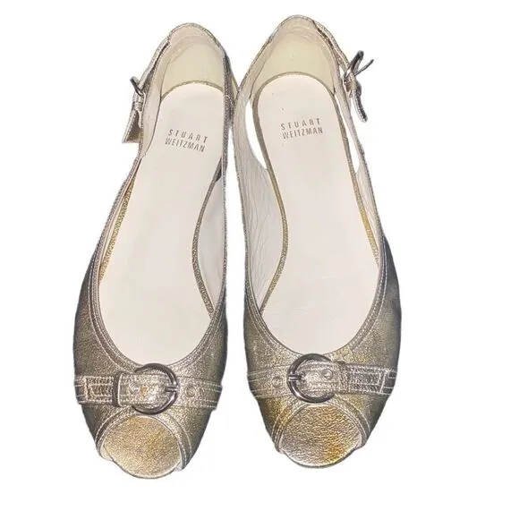 Stuart Weitzman Peek a Boo Open Toe Metallic Patent Leather Flats Size 8.5