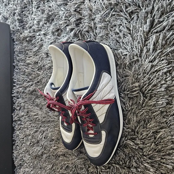 Stylish Navy and White Sneakers with Red Laces