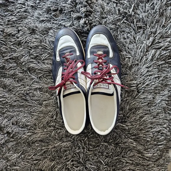 Stylish Navy and White Sneakers with Red Laces