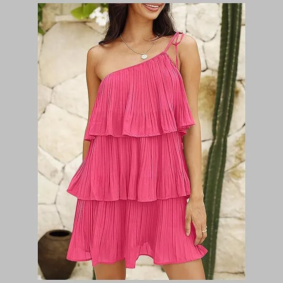 Summer One Shoulder Tie Mini Dresses Rose Red