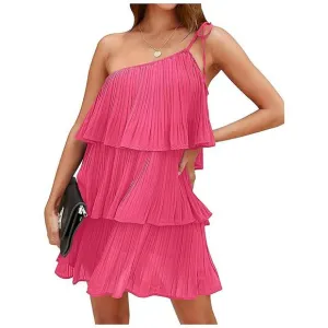 Summer One Shoulder Tie Mini Dresses Rose Red