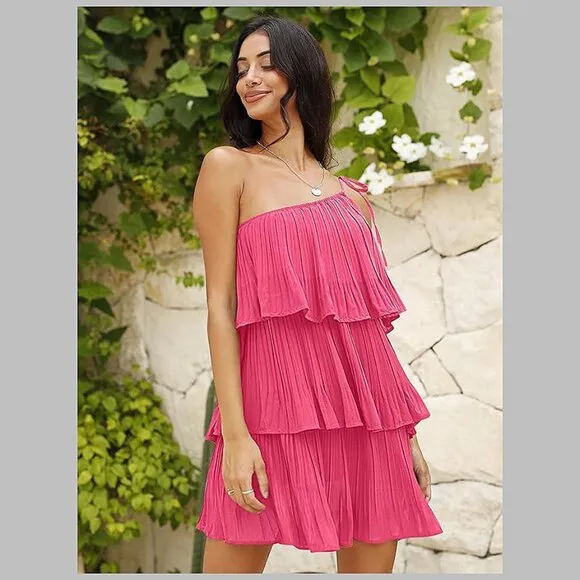 Summer One Shoulder Tie Mini Dresses Rose Red