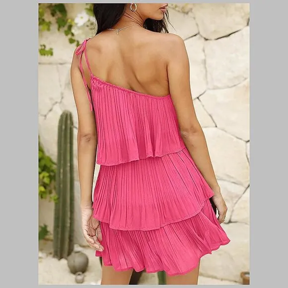 Summer One Shoulder Tie Mini Dresses Rose Red