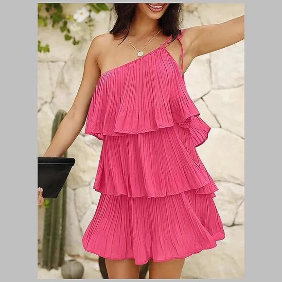 Summer One Shoulder Tie Mini Dresses Rose Red