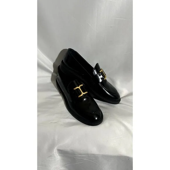 Sz 7.5 / 38 Chloe Black Leather C Logo Slip on Loafer Flat Women Shoes