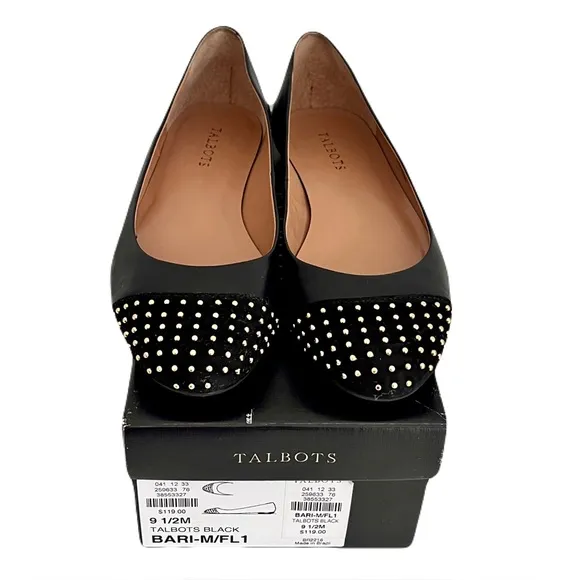 Talbots Black Leather ‘Bari’ Suede Studded Cap Toe Flats, Size 9.5