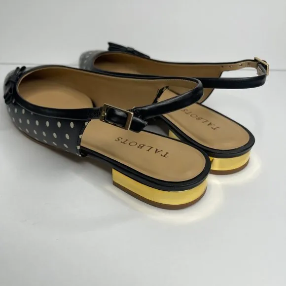 Talbots Edison Slingback Flats Polka Dot Print Gold Mirrored Low Heel Size 9M