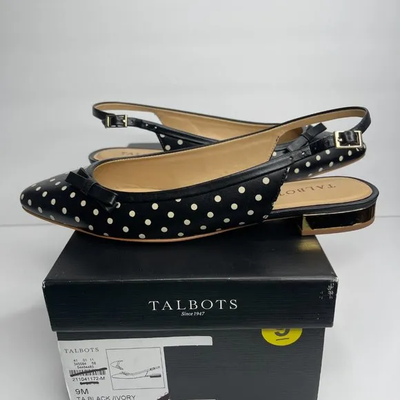 Talbots Edison Slingback Flats Polka Dot Print Gold Mirrored Low Heel Size 9M