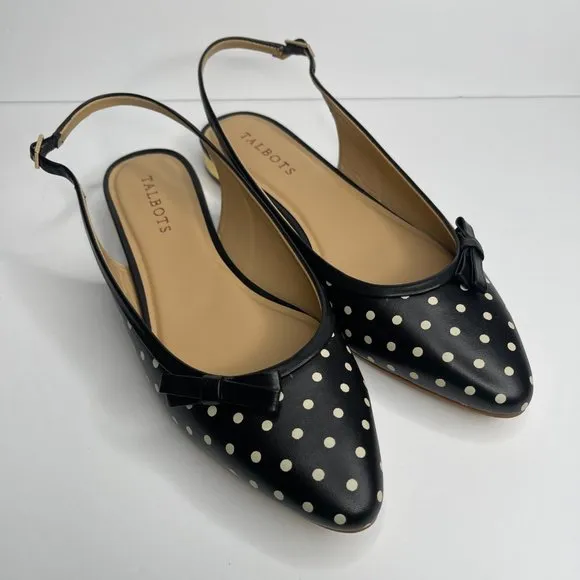 Talbots Edison Slingback Flats Polka Dot Print Gold Mirrored Low Heel Size 9M