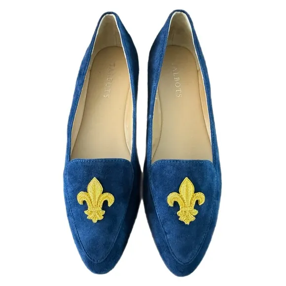 TALBOTS Navy Suede Leather Moccasin Embroidered Loafer Flat Shoes Women’s Sz 7 M