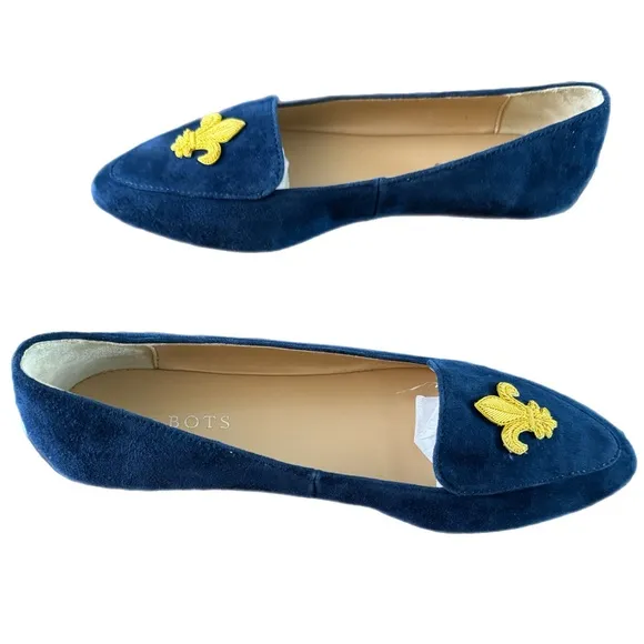 TALBOTS Navy Suede Leather Moccasin Embroidered Loafer Flat Shoes Women’s Sz 7 M