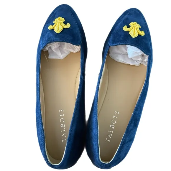 TALBOTS Navy Suede Leather Moccasin Embroidered Loafer Flat Shoes Women’s Sz 7 M
