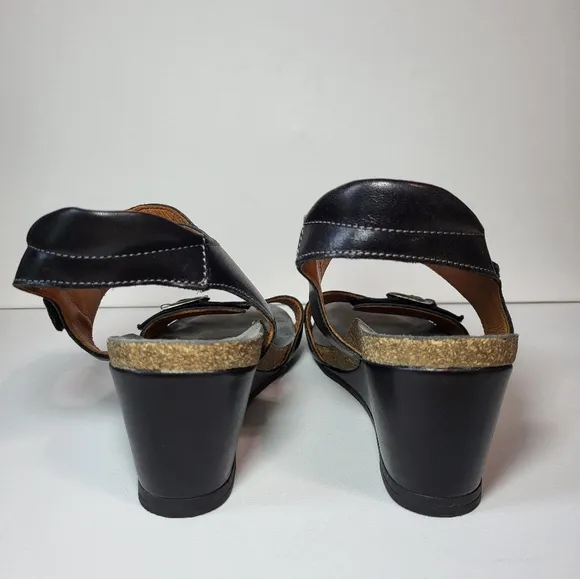 Taos Buckle Up Black Leather Wedges Sandals Women's Size 39EU 8-8.5 US