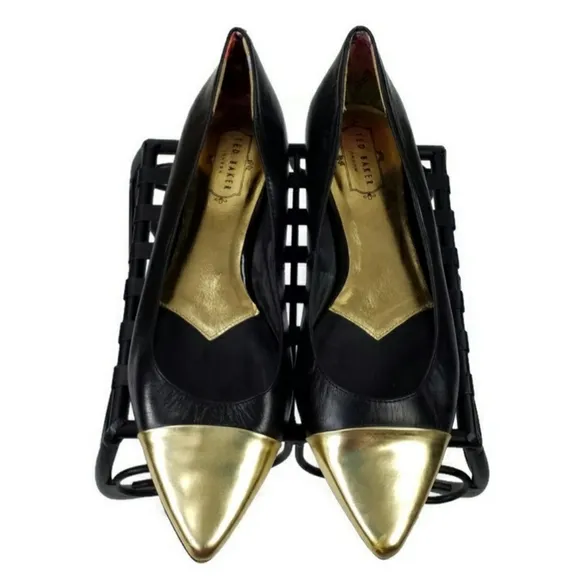 Ted Baker London Seliq Flat Court Shoe Black Gold Metallic Flats Womens 9.5