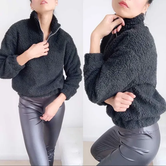 TEDDY SHEARLING HALF ZIP SWEATER  - BLACK