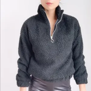 TEDDY SHEARLING HALF ZIP SWEATER  - BLACK