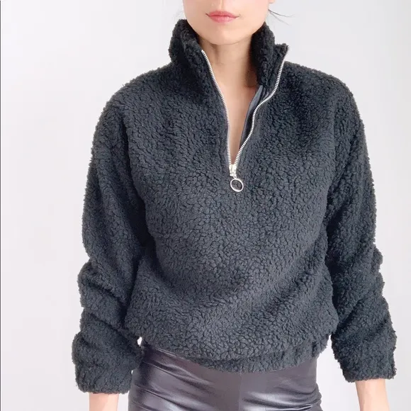 TEDDY SHEARLING HALF ZIP SWEATER  - BLACK