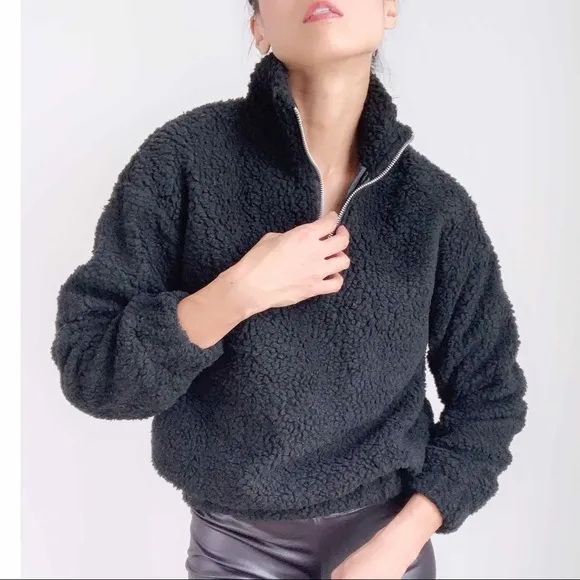 TEDDY SHEARLING HALF ZIP SWEATER  - BLACK